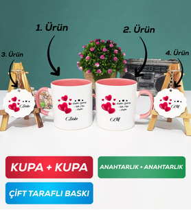 İkili Pembe Sevgililer Günü Hediyesi Kupa Bardak Anahtarlık