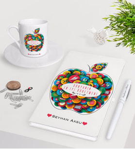 BK Gift Kişiye Özel Dünyanın En İyi Öğretmeni Beyaz Defter Kalem Türk Kahvesi Fincanı Seti-12 (Model 1)