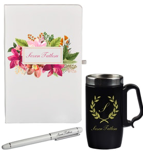 Rengarenk Çiçek Desenli Kişiye Özel Defter Kalem Siyah Termos Mug Seti