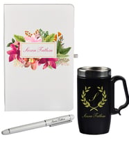 Rengarenk Çiçek Desenli Kişiye Özel Defter Kalem Siyah Termos Mug Seti