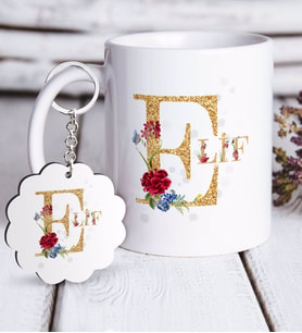 BK Gift Kişiye Özel Harfli Beyaz Kupa ve Anahtarlık Hediye Seti-4 (Model 1)