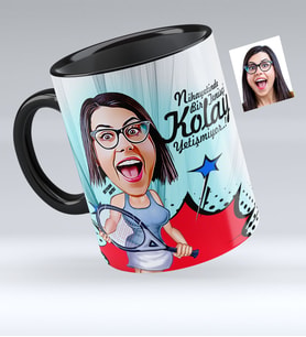 BK Gift Kişiye Özel Bayan Tenis Oyuncusu Karikatürlü Siyah Kupa Bardak  1