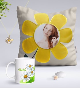 BK Gift Kişiye Özel Fotoğraflı Papatya Yastık Kupa ve İsimli Papatya Kolye-7 (Model 1)