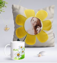 BK Gift Kişiye Özel Fotoğraflı Papatya Yastık Kupa ve İsimli Papatya Kolye-7 (Model 1)