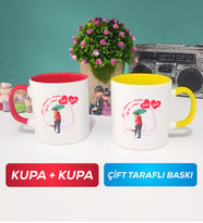 İkili Sevgiliye Sevgililer Günü Hediyesi 3 Kupa Bardak Kırmızı Sarı