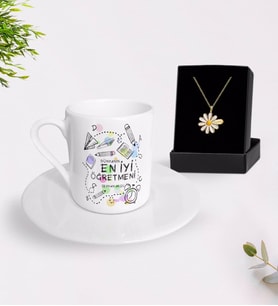 BK Gift Kişiye Özel Dünyanın En İyi Öğretmeni Türk Kahvesi Fincanı ve İsimli Papatya Kolye Hediye Seti-8 (Model 1)