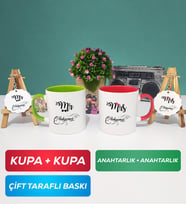 İkili Yeşil Kırmızı Çiftlere Özel Mr Mrs Sevgiliye Hediye Kupa Bardak Anahtarlık
