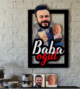 BK Gift Kişiye Özel Baba-Oğul Karikatürlü 3D Ahşap Tablo-4
