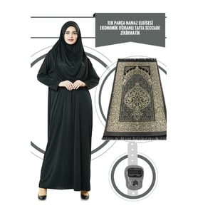 Tek Parça Namaz Elbisesi - Siyah - 5015  ve  Seccade  ve  Zikirmatik - Üçlü Takım
