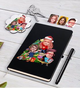 BK Gift Kişiye Özel Yeni Yıl 3 Kardeş Karikatürlü Siyah Defter Kalem ve Anahtarlık Hediye Seti-1 (Model 1)