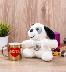 Sevgiliye Hediye İsim Yazılı Kalpli Gold Kupa Bardak ve Peluş Köpek