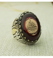Kehribar Taş Hasbunallah Yazılı Gümüş Erkek Yüzük