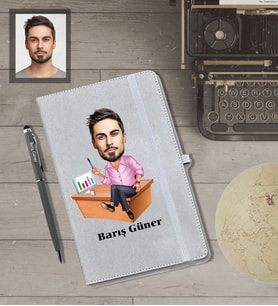 Kişiye Özel İş Adamı Karikatürlü Gri Defter Kalem Hediye Seti  Bay-13
