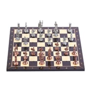 Orta Boy Metal Roma Satranç Takımı Antik ve Ceviz Desenli MDF Ahşap Satranç Tahtası (37x37 cm.)