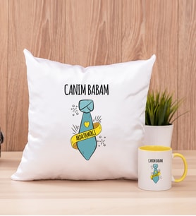 Babalar Günü Hediyesi Kare Yastık ve Sarı Kupa Bardak
