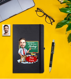 Kişiye Özel Öğretmenler  Günü Karikatür Siyah Defter & Kalem Set
