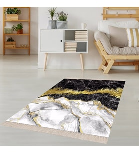 Mermer Desenli Gold Şeritli Dijital Baskı Yıkanabilir Kaymaz Taban Modern Salon Halısı (Siyah - Beyaz)