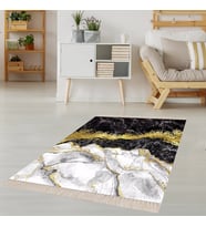 Mermer Desenli Gold Şeritli Dijital Baskı Yıkanabilir Kaymaz Taban Modern Salon Halısı (Siyah - Beyaz)
