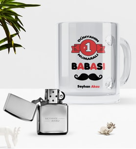 BK Gift Kişiye Özel Dünyanın 1 Numaralı Babası Cam Kupa Bardak Benzinli Metal Çakmak Seti (Model 1)