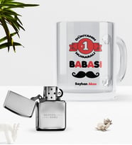 BK Gift Kişiye Özel Dünyanın 1 Numaralı Babası Cam Kupa Bardak Benzinli Metal Çakmak Seti (Model 1)
