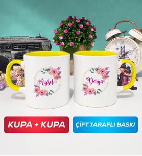 İkili Kişiye Özel İsim Yazılı Çiçek Tasarımlı Kupa Bardak Sarı
