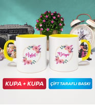 İkili Kişiye Özel İsim Yazılı Çiçek Tasarımlı Kupa Bardak Sarı