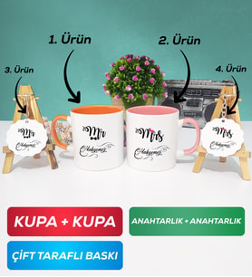 İkili Turuncu Pembe Çiftlere Özel Mr Mrs Sevgiliye Hediye Kupa Bardak Anahtarlık