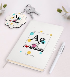 BK Gift Kişiye Özel Metalurji Mühendisi Beyaz Defter Kalem ve Anahtarlık Hediye Seti (Model 1)