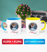İkili Sevgiliye Sevgililer Günü Hediyesi 11 Kupa Bardak Mavi Sarı