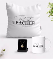 BK Gift Kişiye Özel En İyi Öğretmen Beyaz Kupa Yastık ve İsimli Papatya Kolye Hediye Seti-17 (Model 1)
