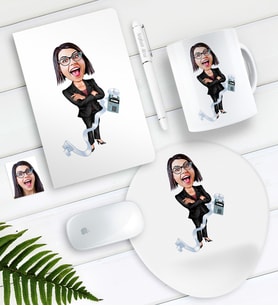 BK Gift Kişiye Özel Bayan Muhasebeci Karikatürlü Defter Kalem Kupa Mouse Pad Seti (Model 1)