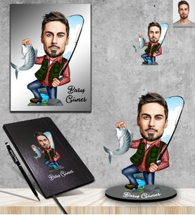 Kişiye Özel Balıkçı Karikatürlü 5 li Hediye Seti Bay-2