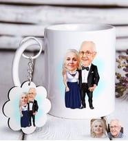 BK Gift Kişiye Özel Büyükbaba ve Büyükanne Karikatürlü Beyaz Kupa ve Anahtarlık Hediye Seti-1 (Model 1)