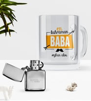 BK Gift Kişiye Özel En Kahraman Baba Cam Kupa Bardak Benzinli Metal Çakmak Seti (Model 1)