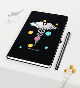 BK Gift Kişiye Özel Tıp Sembolü Temalı Siyah Defter Kalem Seti - 1