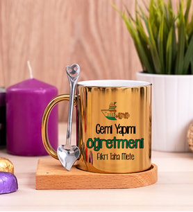 Gemi Yapımı Öğretmeni Ahşap Altlıklı Gold Kupa Bardak
