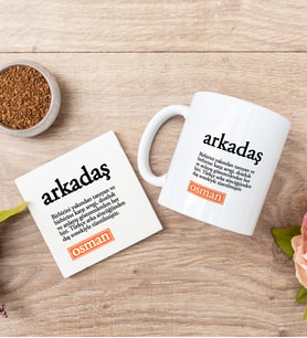 Arkadaş Kelime Anlamı Beyaz Kupa Bardak Ve Bardak Altlığı Seti