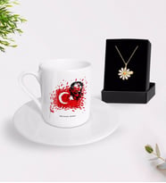BK Gift Kişiye Özel Atatürk Temalı Türk Kahvesi Fincanı ve İsimli Papatya Kolye Hediye Seti-3 (Model 1)