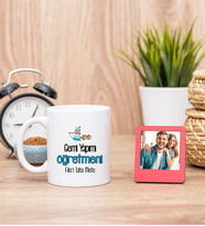 Gemi Yapımı Öğretmeni Beyaz Kupa Bardak ve Kırmızı Mini Fotoğraf Çerçevesi