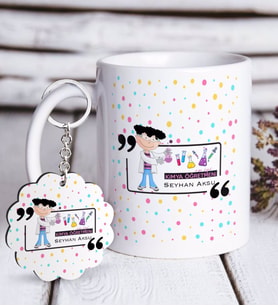 BK Gift Kişiye Özel Kimya Öğretmeni Beyaz Kupa ve Anahtarlık Hediye Seti-2 (Model 1)