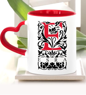 BK Gift Kişiye Özel E Harfi Kırmızı Kalpli Kupa Bardak Model 2