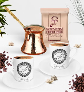 BK Gift Kişiye Özel İkili İsimli Türk Kahvesi Fincanı Bakır Cezve ve Türk Kahvesi Seti-2 (Model 1)