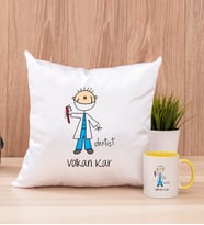 Erkek Diş Hekimi Karikatürü Kare Yastık ve Sarı Kupa Bardak