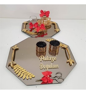 Söz Tepsisi ve Damat Kahvesi Seti Petek Model Gold Renk