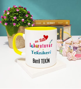 Mesajlı Laboratuvar Teknikeri Tasarımlı Kişiye Özel Laboratuvar Teknikeri Kupa Bardak Sarı