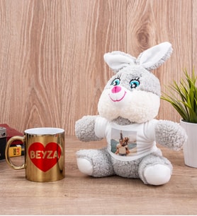 Sevgiliye Hediye İsim Yazılı Kalpli Gold Kupa Bardak ve Peluş Tavşan