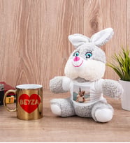 Sevgiliye Hediye İsim Yazılı Kalpli Gold Kupa Bardak ve Peluş Tavşan