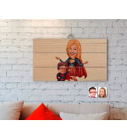 BK Gift Kişiye Özel Süper Anne ve Çocuk Karikatürlü Otantik Ahşap Palet Tablo