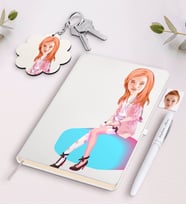 BK Gift Kişiye Özel Kadın Karikatürlü Beyaz Defter Kalem Ve Anahtarlık Hediye Seti-32 (Model 1)