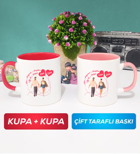 İkili Sevgiliye Sevgililer Günü Hediyesi 4 Kupa Bardak Kırmızı Pembe